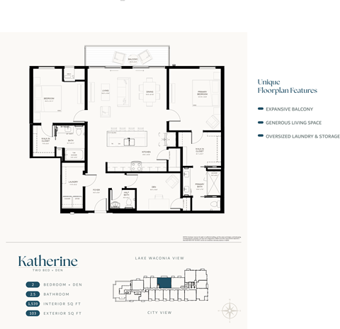 Floor plan for 2 beds, 2.5 baths, 1539 sqft